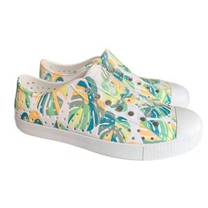 Native Jefferson Tropical Monstera Leaf Print White Green Slip On Sneakers W Sz7